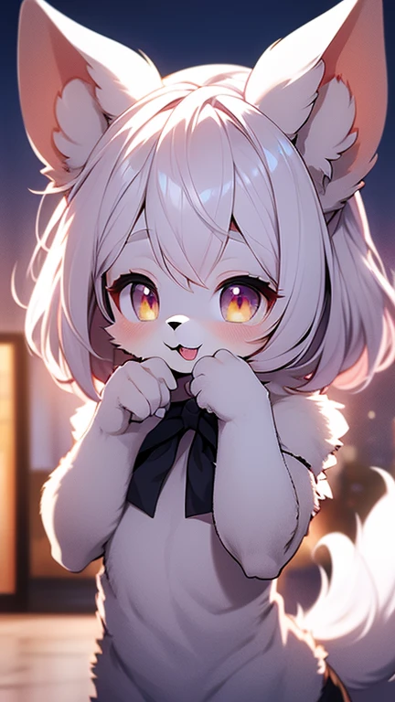 furry girl performs fellatio,Ultra-fine red fur,Room,moonlight,Hair on cheeks,Neck fur，face flushed,Smile，Wolf，short hair,portrait, Bright Eyes，Red hair all over the body，Eyes gray，With a black bow，White belly，The tip of the tail is white，Palm white,Left hand touching cheek，Stretch out your right hand and expose your meatball，looking at the audience，long canine teeth
