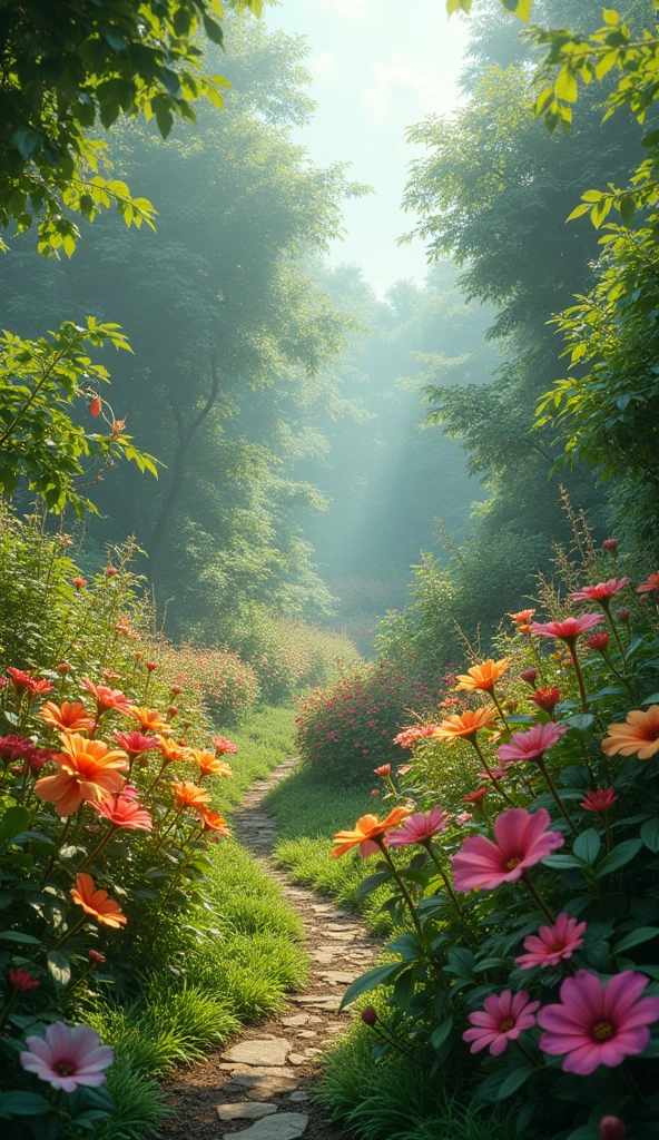 A rejuvenated garden where the flowers have returned to full bloom, their colors vivid and alive. The plants stand tall and strong, basking in the sunlight, with no signs of the previous damage.