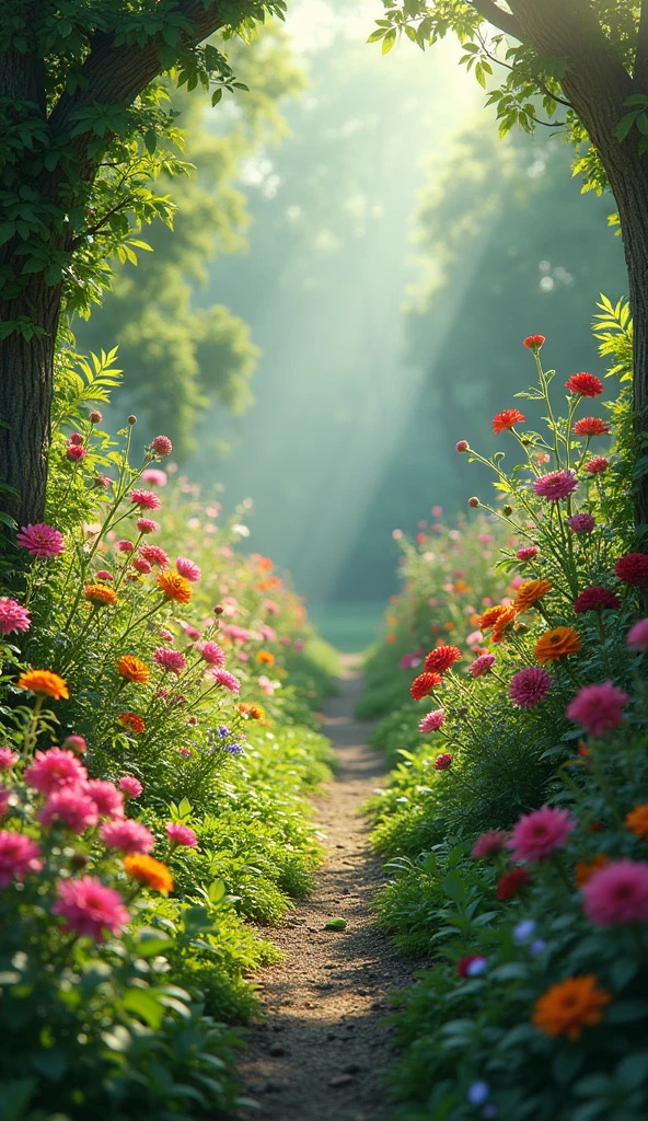 A rejuvenated garden where the flowers have returned to full bloom, their colors vivid and alive. The plants stand tall and strong, basking in the sunlight, with no signs of the previous damage.