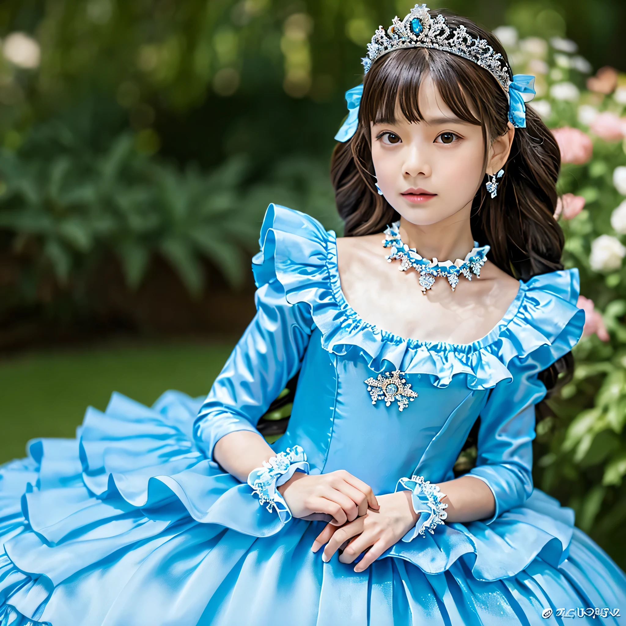 ,Highest quality, masterpiece, Highest Resolution, artwork, 3K realistic photo,,((-yeld Euean girl)),Super detailed baby face princesses,detailed luxury tiara,Full-length ball gown dress with hoop skirt,Frilled yoke collar,Fine braided ribbons on the chest,Puff sleeves,Long sleeve,((blue princess satin dress in a retro style、Lots of frills and ribbons。)),crazy&#39;Colorful Fashion,Glossy silk satin dress,Soft and smooth blue silk satin fabric,luxury,Very long blonde hair,blue eyes,White skin European,((Inside the palace)),Gorgeous flowing dress,,Drawers full of frills,,((((On the blue bed)))),On a luxurious canopy bed,On a huge wide blue bed,Purple pillow with lots of frills,blue silk satin curtains with luxurious ruffles and ribbons surround the bed.,Princess sitting on bed,(((Both legs are completely hidden in the dress))),,Detailed bed sheets,