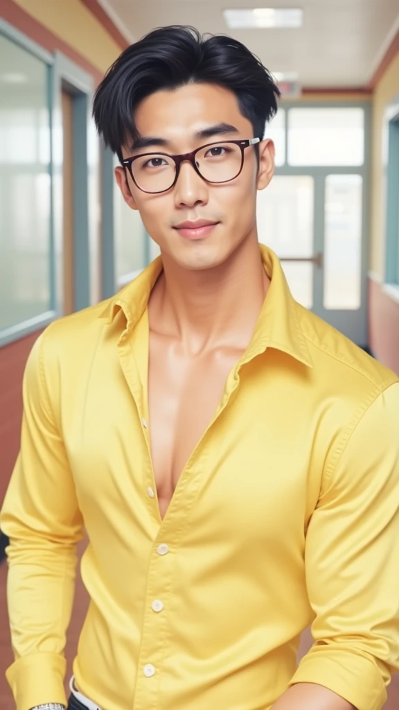 Korean gentleman,super big breasts ,teacher,shiny tight clothes, tanned skin,clean shave,walk the hallway,Handsome and elegant,wear glasses, sexy , Masculine and handsome，musculous，Muscles look good,,, Full body photo,(ultra-detailed, photorealistic, best quality, 4k, 8k, highres, masterpiece:1.3),charming and distinguished , (muscular build body), wearing tailored shiny  dress light colored shirt,  sweat, unbutton buttons shirt, lewd face ,tight chest, sex,See-through shirt, erotic, horny, , Accessories include a luxury wristwatch, in school‎,looking at viewer,muscle veins,no underwear ,Tight shirt makes muscle,unbutton,six pack,