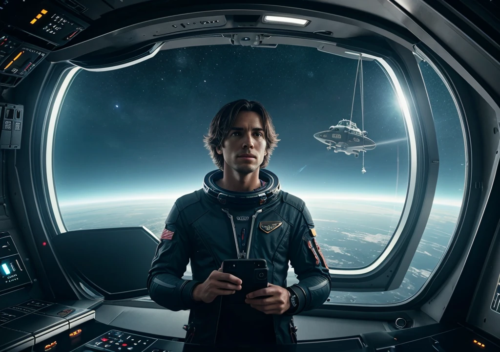 Generate a to hanging smart watch in   the background of  cinematic Moody of space with the spaceship in background also look like film cinematic look in the highlight