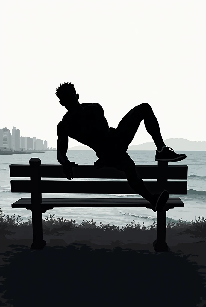 Create the silhouette of a man doing push-ups while leaning on a bench on a seaside avenue