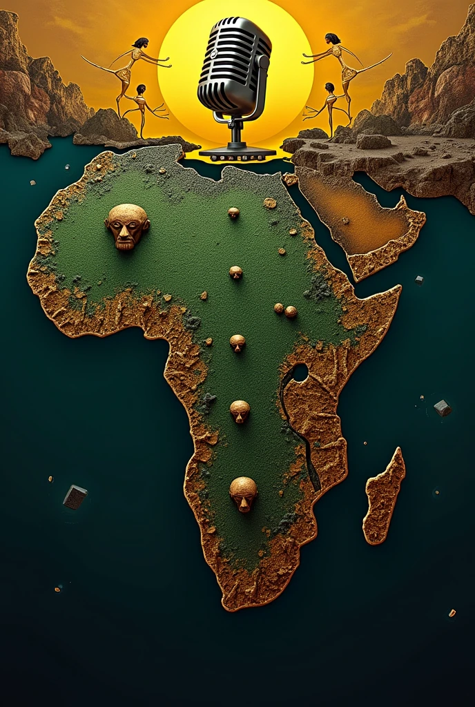 Image 2D du continent Africain inversé le bas est le sud en haut et le haut est le nord ... Tu associe à cette image des couleurs noire, verte ,et jaune... Sur l'image met des motifs Egyptiens, des symboles de sagesses africaine et, ajoute au dessus un micro et un casque de voix off