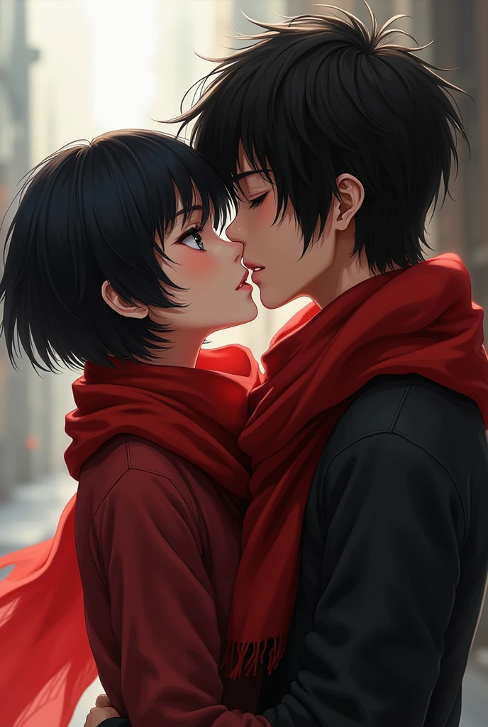 Hot girl with short black hair wearing a red scarf looks like Mikasa anime character kissing a man hyper realistic