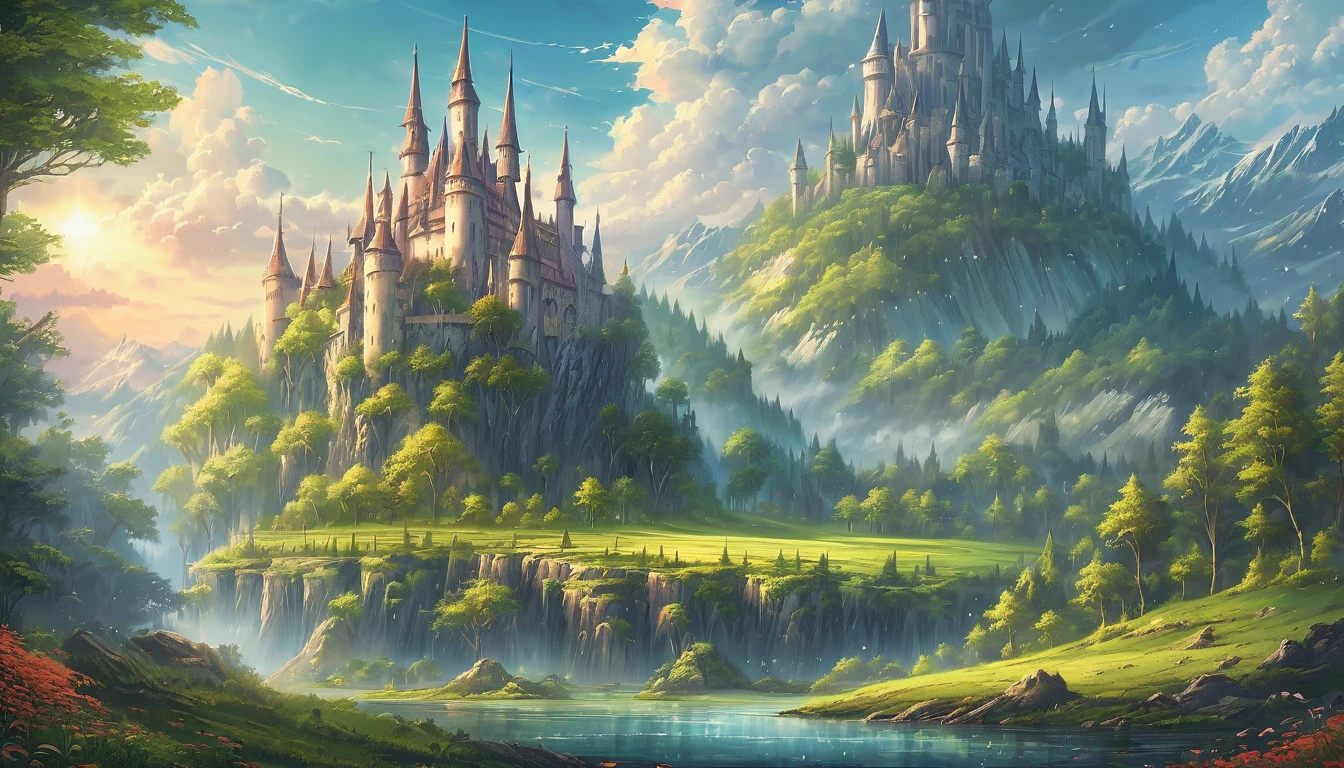 masterpiece, best quality, number, illustration, Anime style background, landscape, a castle in the middle of a forest, fantasy art, fantasy scenic, fantasy art landscape, fantasy castle, fantasy art style, fantasy landscape, fantasy background, high fantasy landscape, fantasy landscape painting, castle background, impressive fantasy landscape, magical landscape, fantasy matte painting,