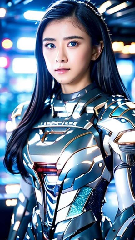 Wide-angle shot, 1 female, Mecha, Sparkling Blue Eyes, Very cute face, (Realistic:1.37), バイオMechaニカル, Spaceship interior bokeh background, Ultra-realistic, Very detailed, Very intricate details, Beautiful woman in focus