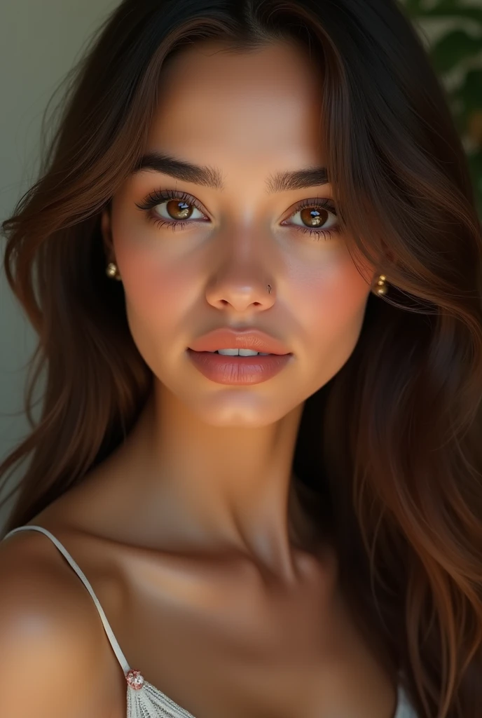 Woman 1.50 tall, long brown hair, deep-rooted brown eyes, small and long nose, thin eyebrows, Black color, Small front, White skin color, lips of medium size, The lower lip is large and the upper lip is slightly smaller than the lower lip. (latin american) 