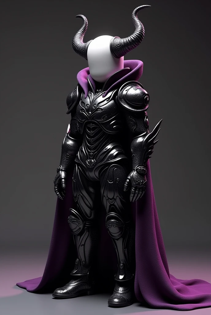 There is a black and white photo of a toy with horns, a ray-traced image inspired by Jin Homura, tumblr, Gothic art, gothic cyber costume, Black and purple suit, gothic costume, intricate costume, shiny black armor, hyper-gothic, gothic and futuristic, pale black armor, wearing technical clothing and armor, dark ornate royal robes, Roblox avatar