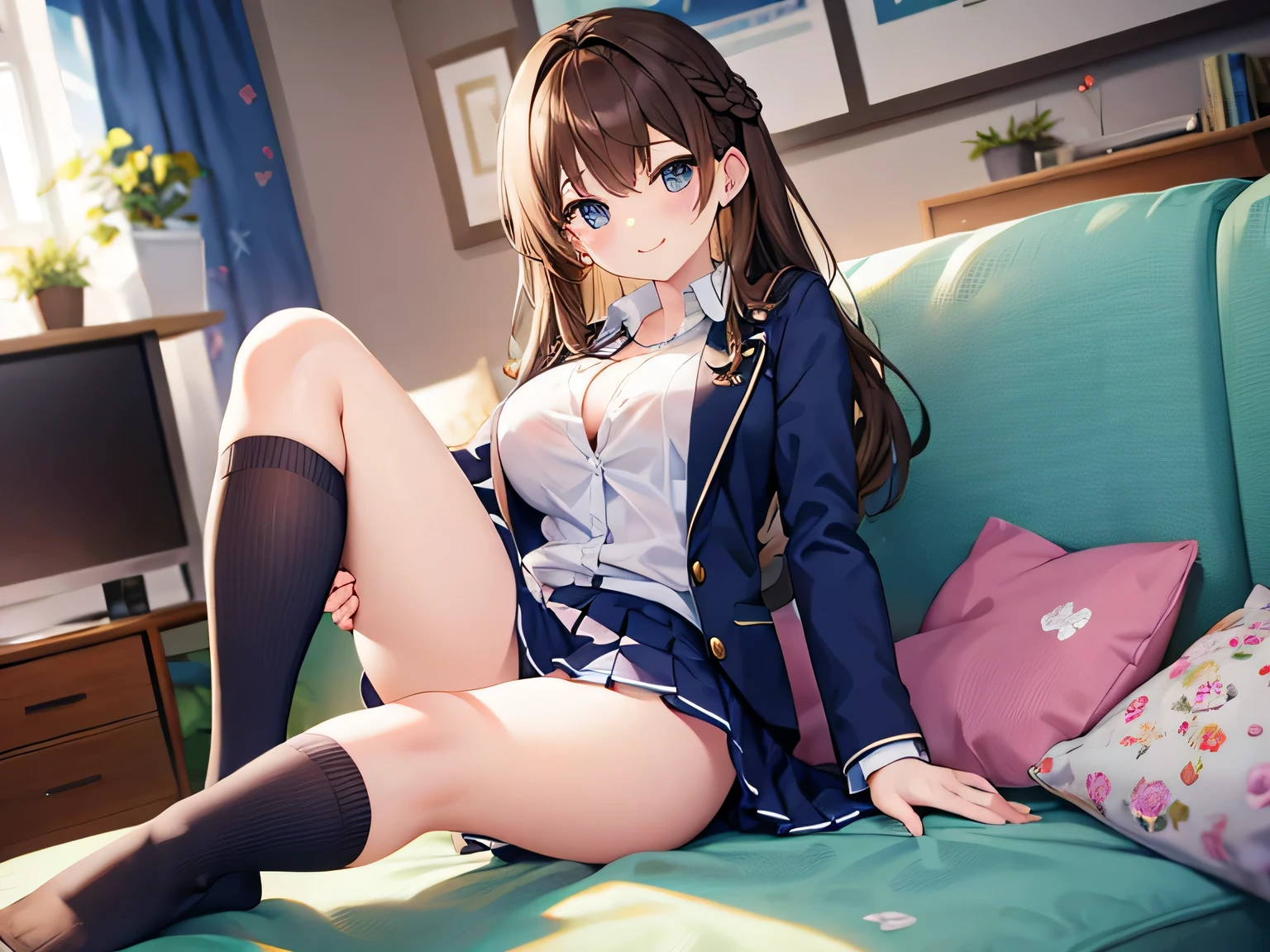 (masterpiece、Highest quality、High resolution、Realistic photo、Real looking skin:1.1)、
(Woman sitting in living room showing her panties:1.8)、
(She has a provocative smile:1.5)、
(She is wearing her high school uniform, a plain white collared shirt with a navy blue blazer over it.:1.8)、
(She is wearing a pleated miniskirt for her high school uniform.:1.8)、
(She is wearing navy blue socks:1.8)、
(The panties are white and patterned:1.5)、
(Her hairstyle is medium-length brown hair.:1.8)、
(She is 1 but has a mature look.:1.5)、
(Her breasts are larger than average:1.5)、
(Location: Living room of apartment:1.5)、
1 Japan、solo、Full Body Esbian、Beautiful Eyes、Shining Eyes、Shining thighs、NSFW