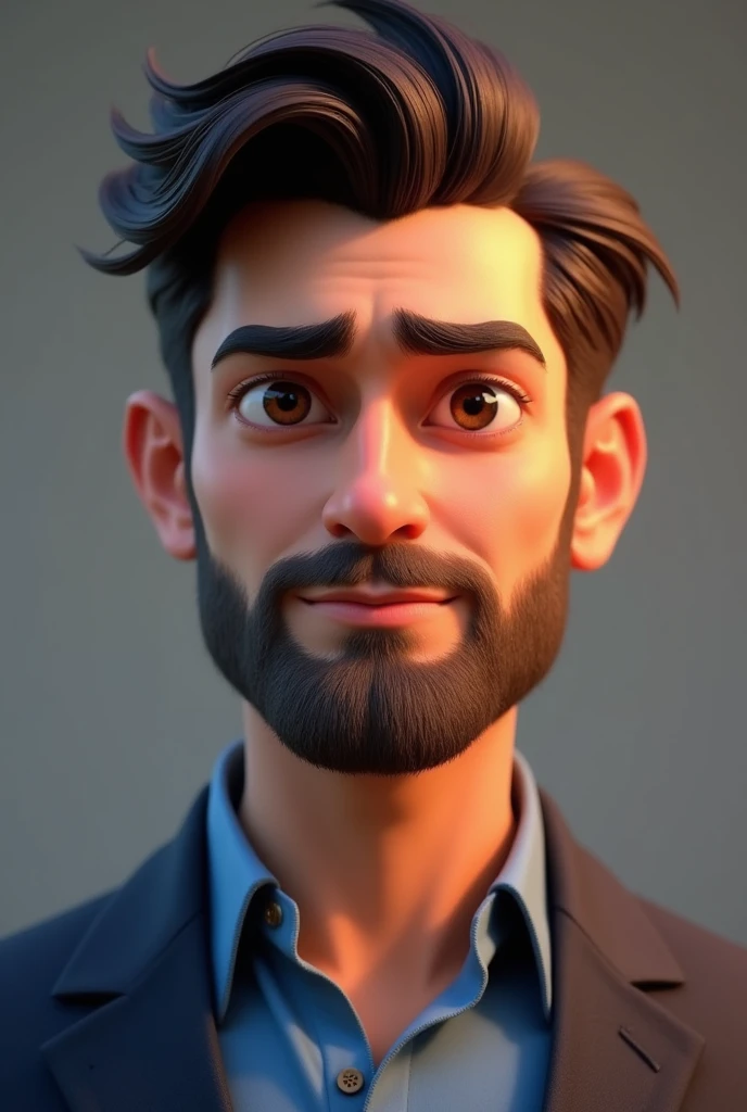 32 year old man ,Pixar-style , facial ,without smiling ,comely, with business attire with blue detail, Dark brown hair color , Brown eyes , And with a beard .