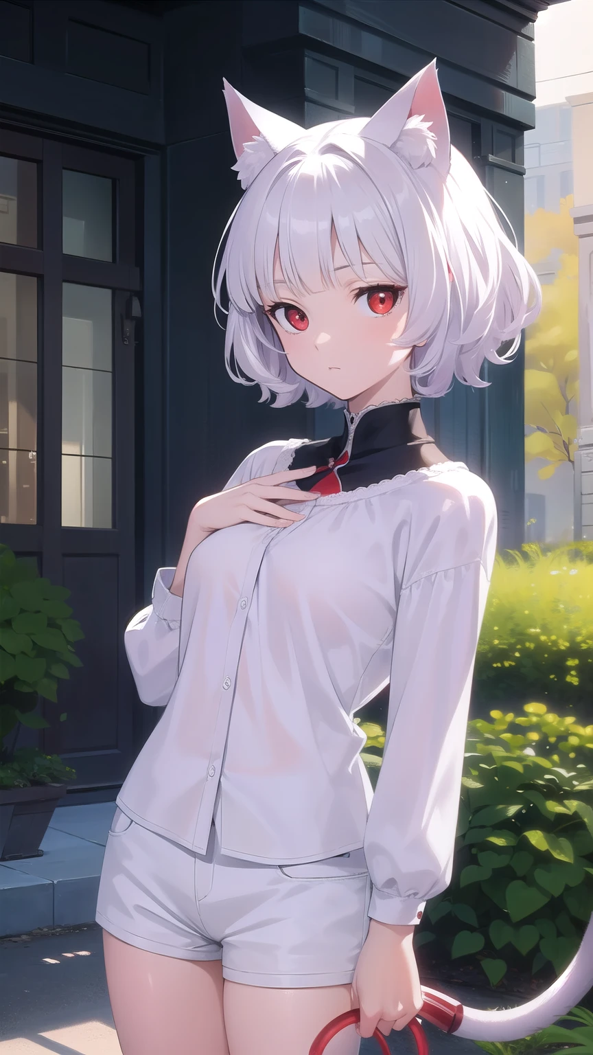 neferpitou, neferpitou, short hair, (red eyes:1.5), long sleeves, animal ears, white hair, shorts, cat ears, cat tail, curly hair, BREAK looking at viewer, BREAK outside, BREAK (masterpiece:1.2), best quality, high resolution, unity 8k wallpaper, (illustration:0.8), (beautiful detailed eyes:1.6), extremely detailed face, perfect lighting, extremely detailed CG, (perfect hands, perfect anatomy), sexy post