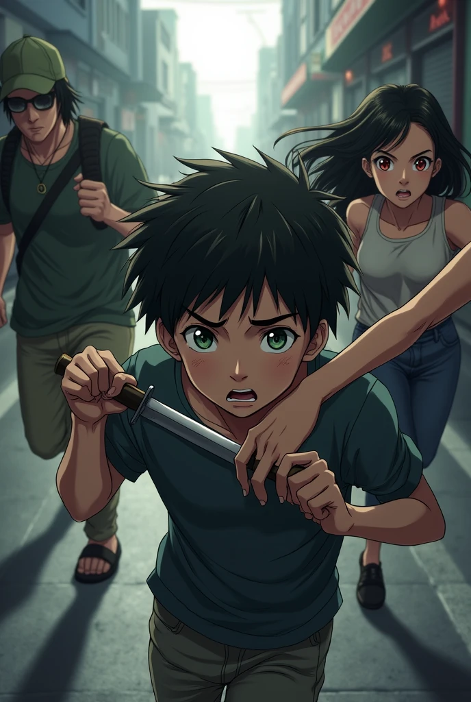 14 year old boy with black hair, green eyes is being kept hostage by some thugs, one of the thugs is holding him tight and put a knife on his neck while his 16 year old sister who is a girl with black hair red eyes running towards the thugs to save her brother anime