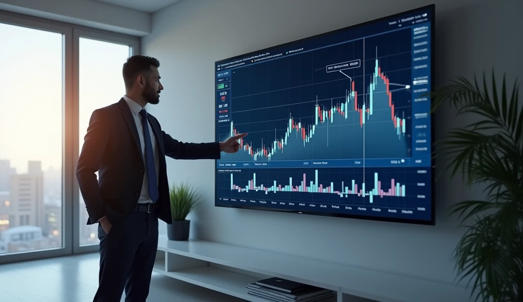 create an image of an investment chart, on a television, with an investor pointing his hand at the television in 16x9 format