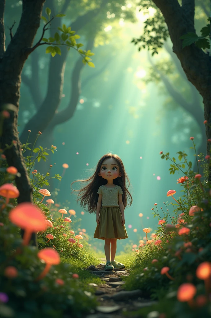 A young girl named Lyra exploring a mystical forest with a look of wonder and curiosity on her face, surrounded by magical flora and glowing lights."Hyper-realistic, 8k,ultra HD, pixar style, Disney style, cinima 4d, ar 3:2
