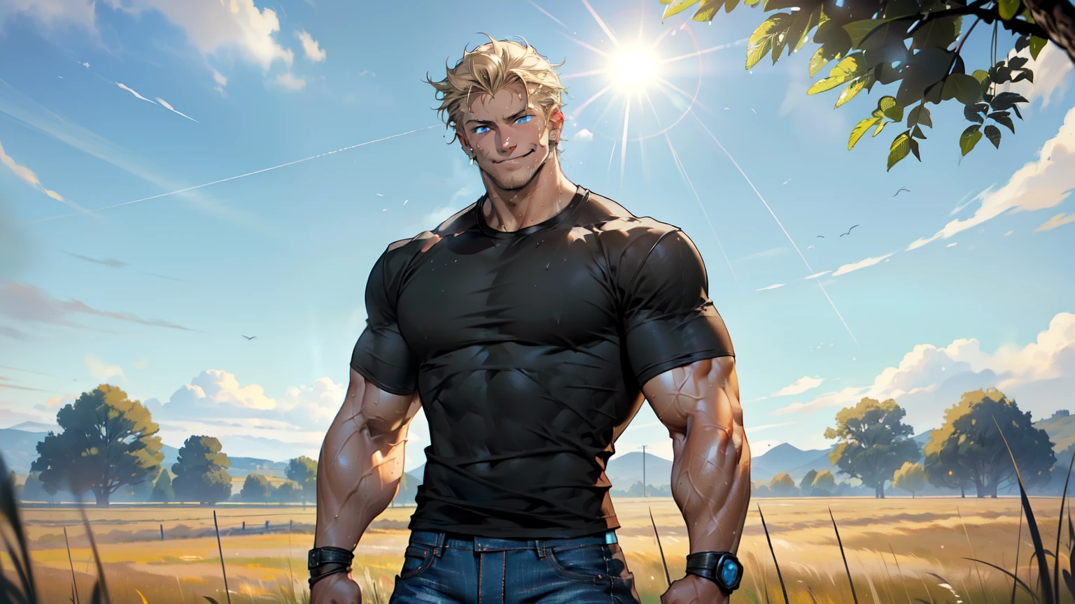 ((Man 2, tall and muscular, 1,80 m, 87 kg, with short blond hair and piercing blue eyes)), (((wearing a black T-shirt and jeans))), (((confident smile on face in outdoor field))), (((sweaty and tired sunlight))), (((speaking))),