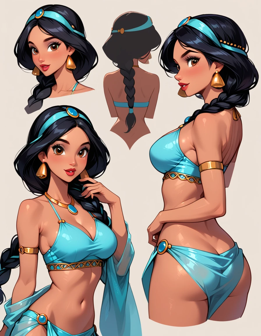 score_9, score_8_up, score_7_up, score_6_up, sketch_sheet, solo, BREAK 1girl, (Disney's Jasmine, black hair, thick braid:1.3), dominant gorgeous girl, same character, BREAK perfect lips, tall, (Sexy woman), wearing (sexy harem outfit:1.4), BREAK frontal body view, back body view, Depth, Many parts, Multiple poses and expressions, BREAK highly detailed, (ultra-detailed), (best illustration), (best shadow), (absurdres), BREAK (very aesthetic), (4k, intricate), (detailed face:1.2).