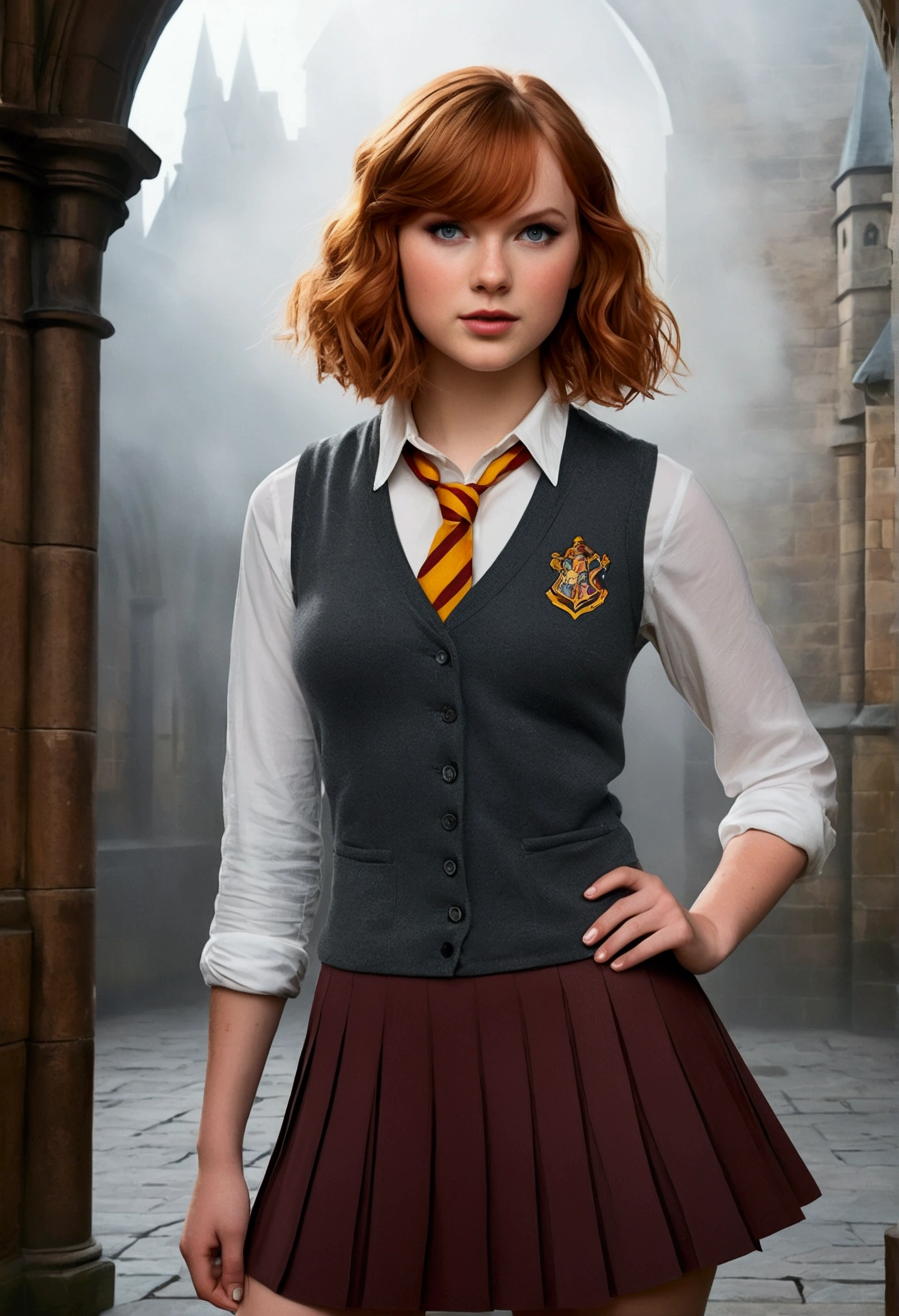 An illustrated movie poster, hand-drawn, full color, a teenage Hogwarts student, female, wearing a charcoal vest and a pleated skirt, amazonian stature, athletic hourglass figure, full wide hips, massive round butt, long shapely legs, ridiculously thick powerful thighs, vibrant eyes, red auburn hair, short curly bob cut, flushed sun-kissed complexion, freckles, resembles Taylorr Swift, standing in a foggy Hogwarts courtyard, surrounded by mist, graphite shading, stencil marks, airbrushed acrylic paint, masterpiece, close-up shot, in the Deathly Hallows 