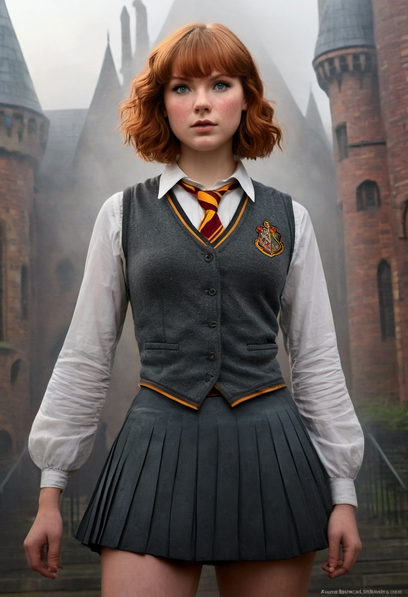 An illustrated movie poster, hand-drawn, full color, a teenage Hogwarts student, female, wearing a charcoal vest and a pleated skirt, amazonian stature, athletic hourglass figure, full wide hips, massive round butt, long shapely legs, ridiculously thick powerful thighs, vibrant eyes, red auburn hair, short curly bob cut, flushed sun-kissed complexion, freckles, resembles Taylorr Swift, standing in a foggy Hogwarts courtyard, surrounded by mist, graphite shading, stencil marks, airbrushed acrylic paint, masterpiece, close-up shot, in the Deathly Hallows