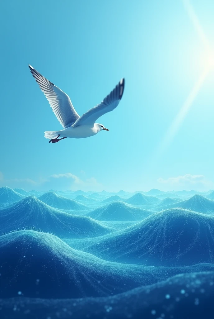 「The vast blue of the Pacific Ocean blends into the digital waves、From the perspective of a seagull floating in the faraway sky、The moment when you feel the endless connection of the Internet。」