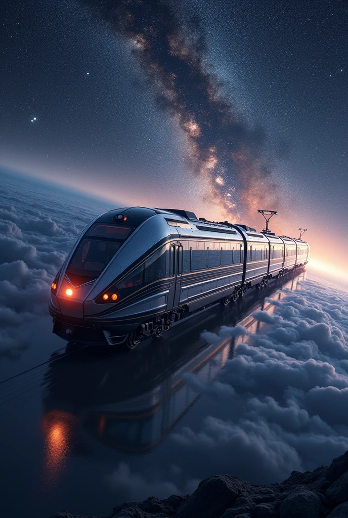 Train-shaped spaceship,10-car train,(Beautiful aircraft:2.0),(The background is outer space and the Milky Way:1.6),masterpiece,Highest quality,Ultra-high resolution,(Super detailed),8k,Realistic,Best aesthetics,beautiful,(dynamic)