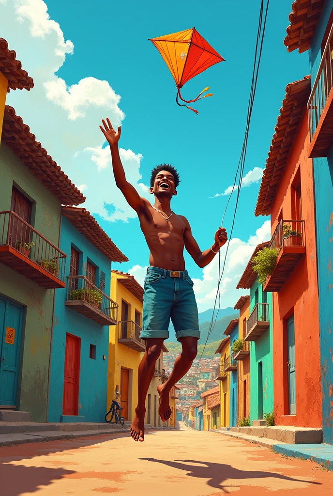 Young black man flying a kite barefoot in the favela