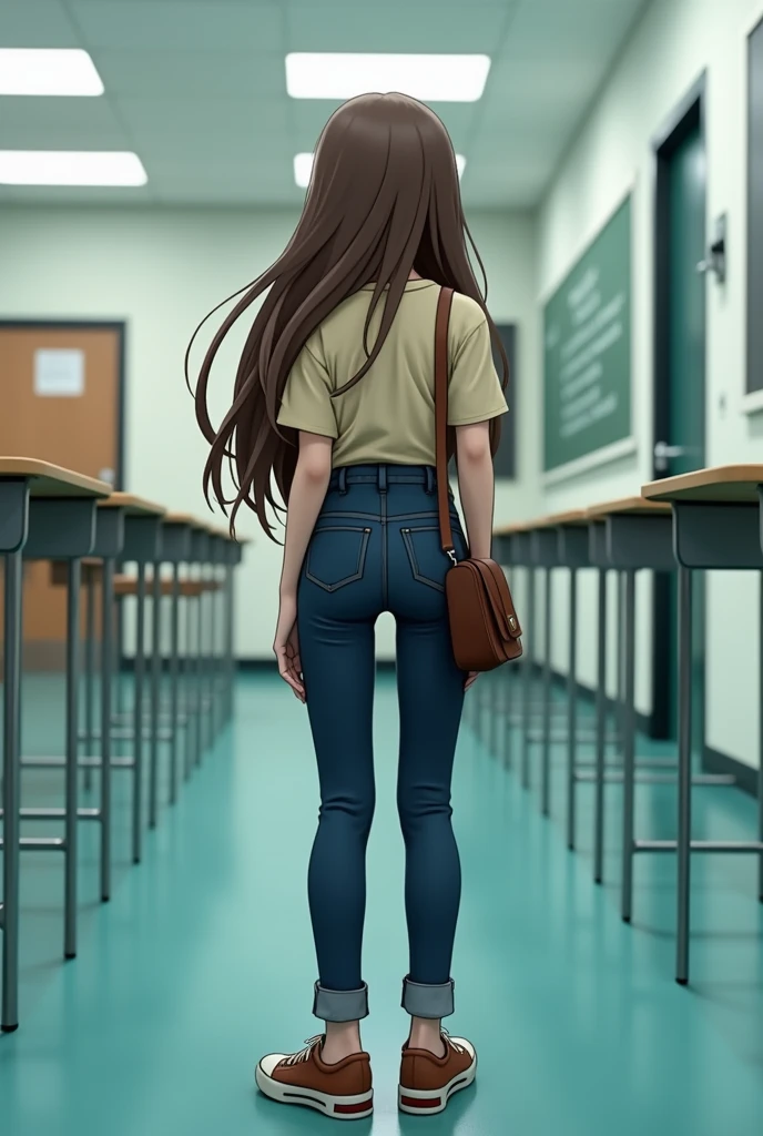 School girl in high waisted pocketless jeans in classroom back view