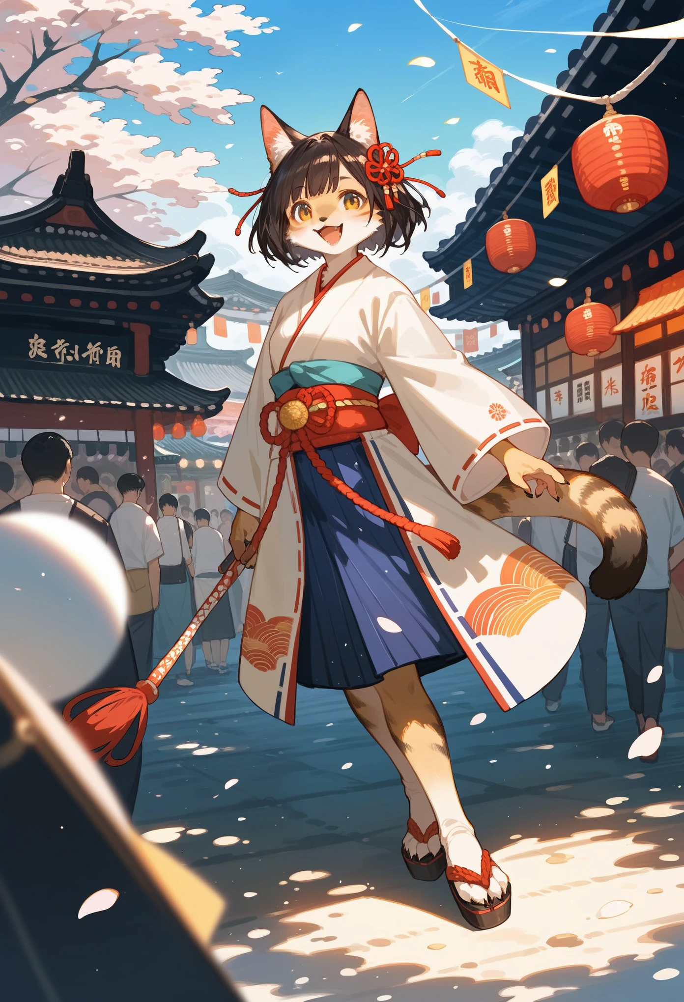 rating_safe, score_9, score_8_up, score_7_up, score_6_up, score_5_up, score_4_up, hires, source_furry, cover page, top quality, best quality, High-quality illustrations, masterpiece, super high resolution, detailed background, girls, japanese festival, absurdres, perfect anatomy(kemono)(furry anthro)happy,