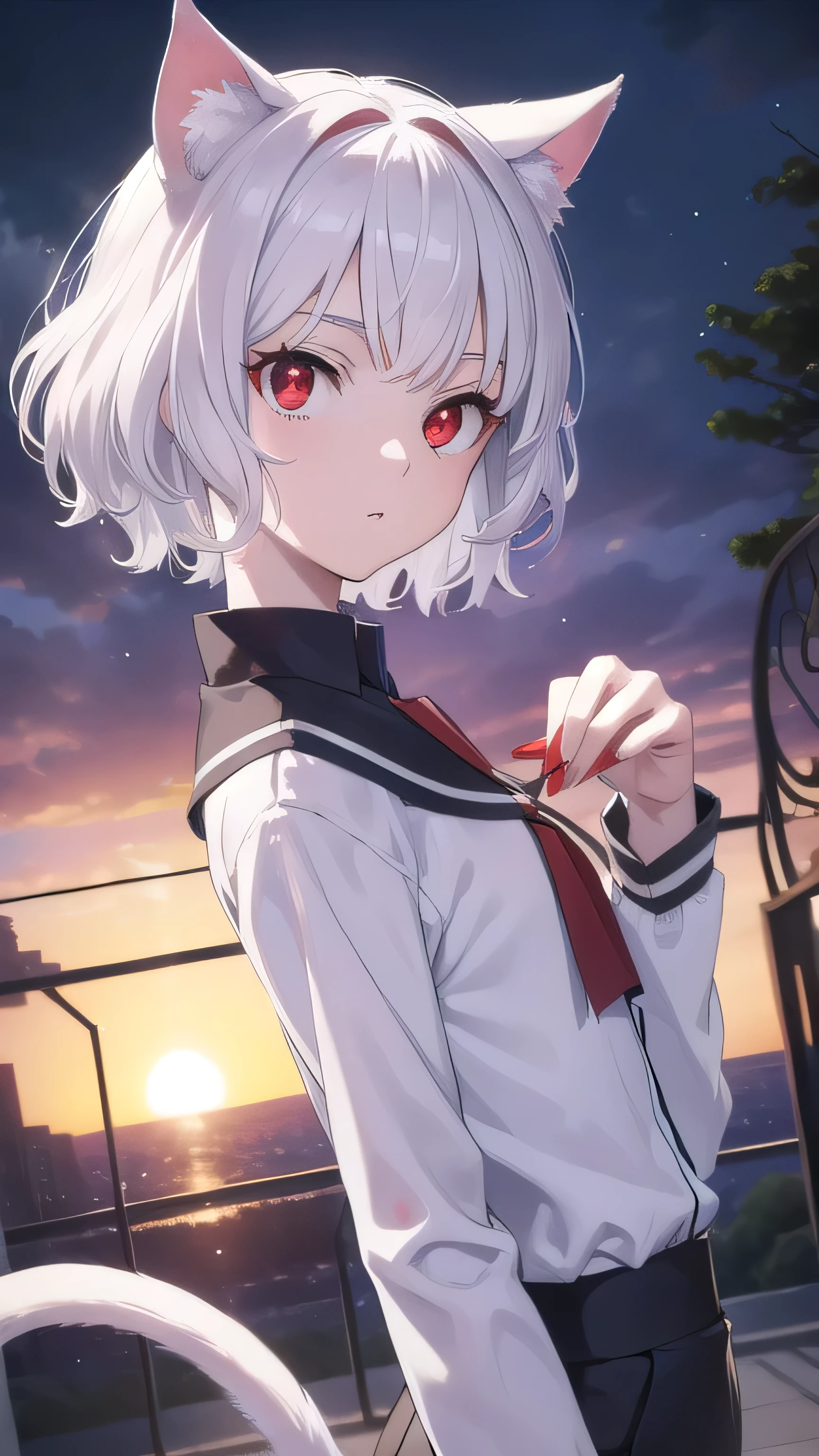 neferpitou, neferpitou, short hair, (red eyes:1.5), long sleeves, animal ears, white hair, shorts, cat ears, cat tail, curly hair, BREAK looking at viewer, BREAK outside, BREAK (masterpiece:1.2), best quality, high resolution, unity 8k wallpaper, (illustration:0.8), (beautiful detailed eyes:1.6), extremely detailed face, perfect lighting, extremely detailed CG, (perfect hands, perfect anatomy), sexy post