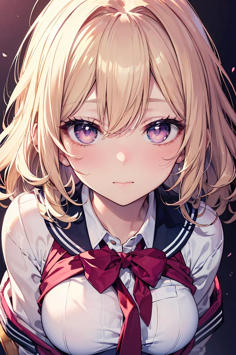 masterpiece, absurdres, best quality, ultra detailed, high Resolution, detailed illustration, bright colour, (extremely beautiful detailed face and eyes, Delicate beautiful face, 1 girl, 18yo, cute face:1.3), (magenta eyes:1.1), sparkling eyes, big eyes, (medium breasts:1.3), (perky breasts:1.1), (pointy breasts:1.1), medium hips, glamorous body, white skin, BREAK, (blonde hair:0.8), messy hair, detailed hair, shiny hair, BREAK (school uniform, undressed:1.3), perfect lighting, (ecstasy, vulgarity:1.5), (Embarrassed:1.3), mattress, (Blowjob, cum:1.3),