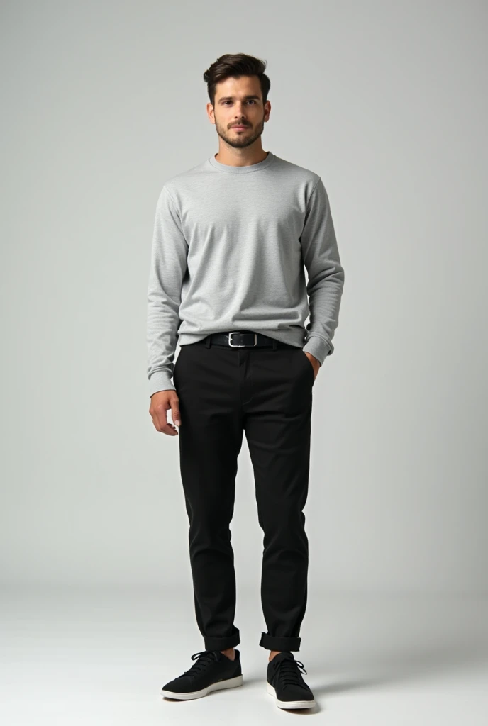 Man with long sleeve t-shirt, black pants with dress belt and black sneakers