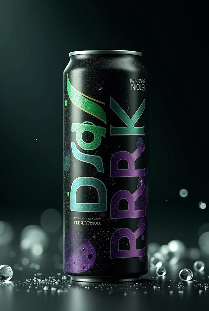 Seltzer-type drink in a can. The packaging is black with dark green and purple highlights., with the name of the drink called DARK