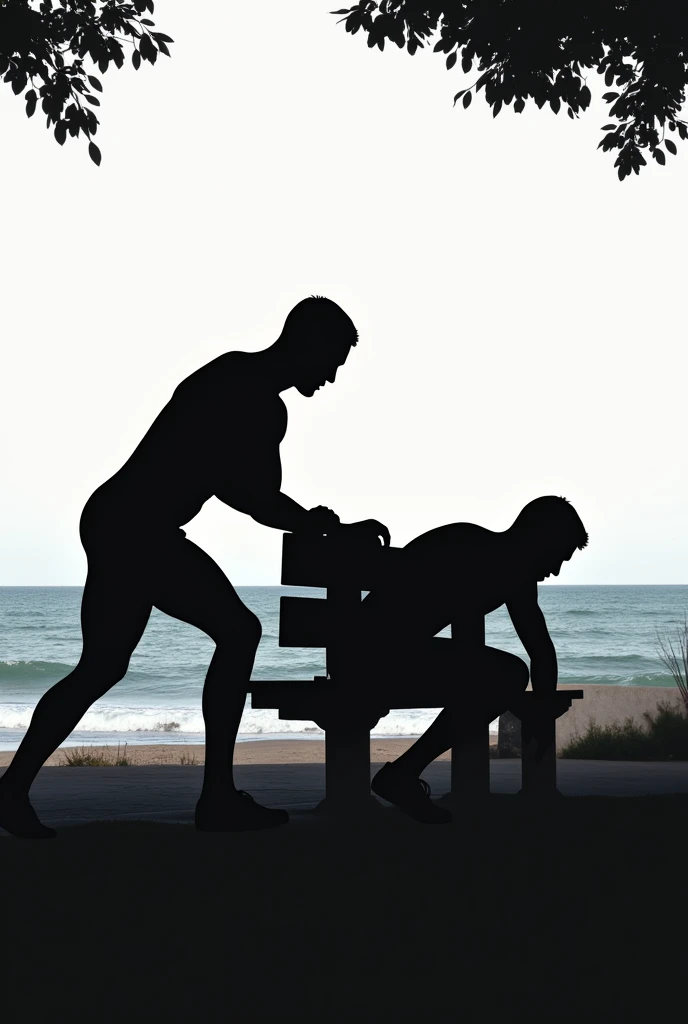 Create the silhouette of a man doing push-ups while leaning on a bench on a seaside avenue
