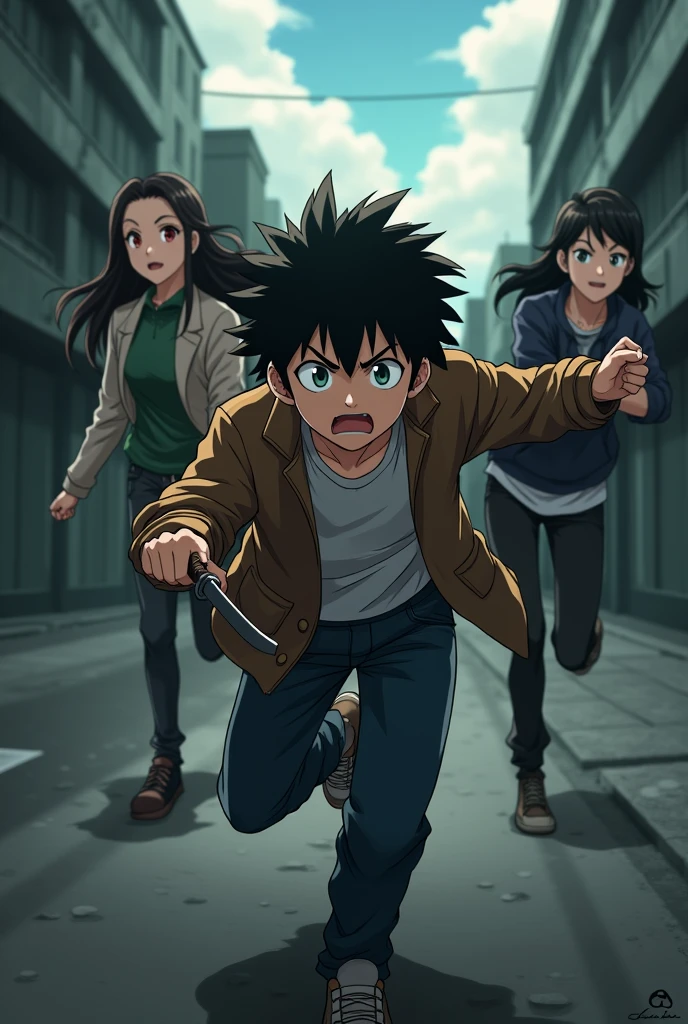 14 year old boy with black hair, green eyes is being kept hostage by some thugs, one of the thugs is holding him tight and put a knife on his neck  while his 16 year old sister  who is a girl with black hair red eyes  running towards the thugs to save her brother anime