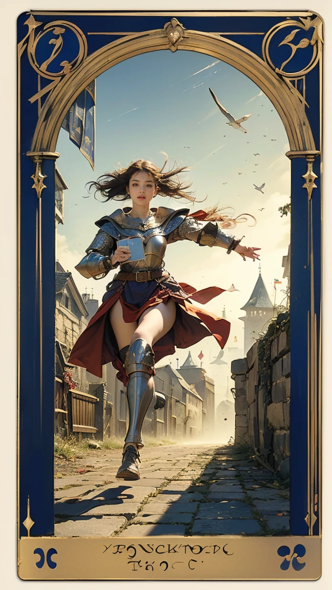 Highest quality、masterpiece、タロットcard、Balance scale、(Morgan Greer Tarot:1.2)、Retro art style、Thick outline、English text、Roman numerals、card、(Fit the frame properly:1.2)、(タロットcard風の枠:1.5)、((Medieval Europe、Fugitive、Woman running away:1.5))