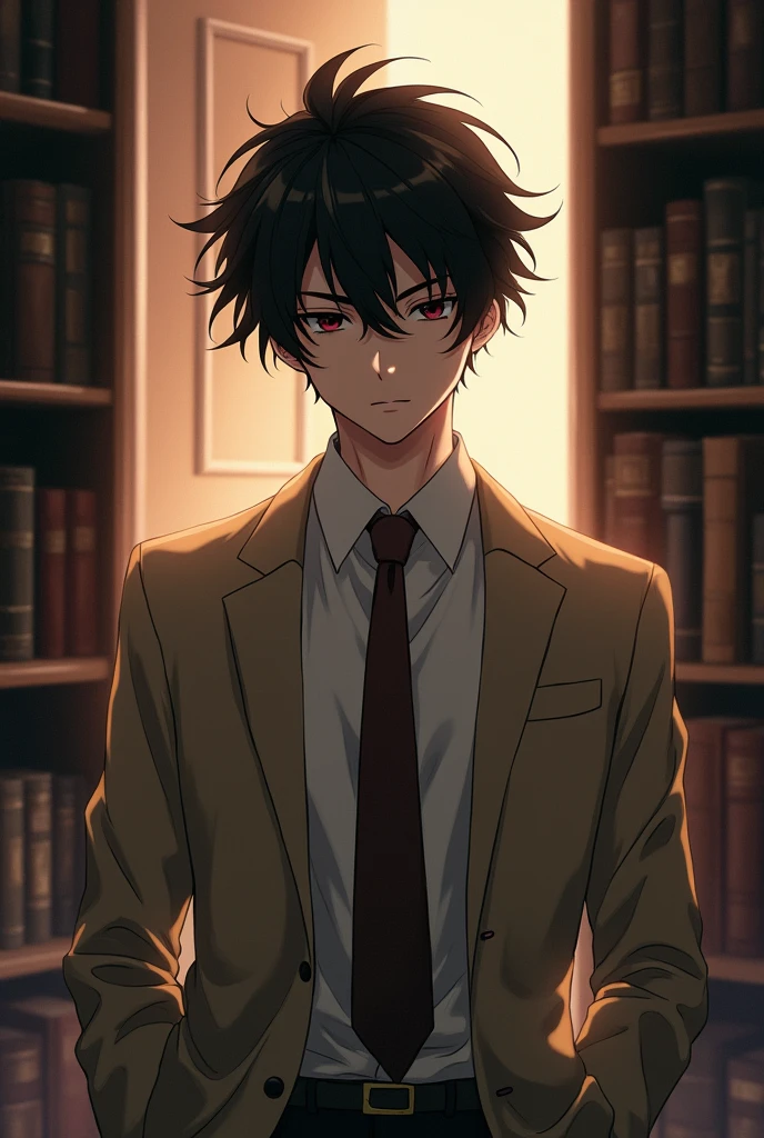 masterpiece, best quality, wallpaper, A young man with striking, tousled hair stands in a dimly lit room, wearing a beige blazer, white shirt, and brown tie. He has a confident yet enigmatic expression, partially illuminated by light coming from an open door behind him. A bookshelf filled with books looms in the background, adding to the atmosphere of mystery. depth of field, anime coloring, , light_yagami, , , science fantasy,