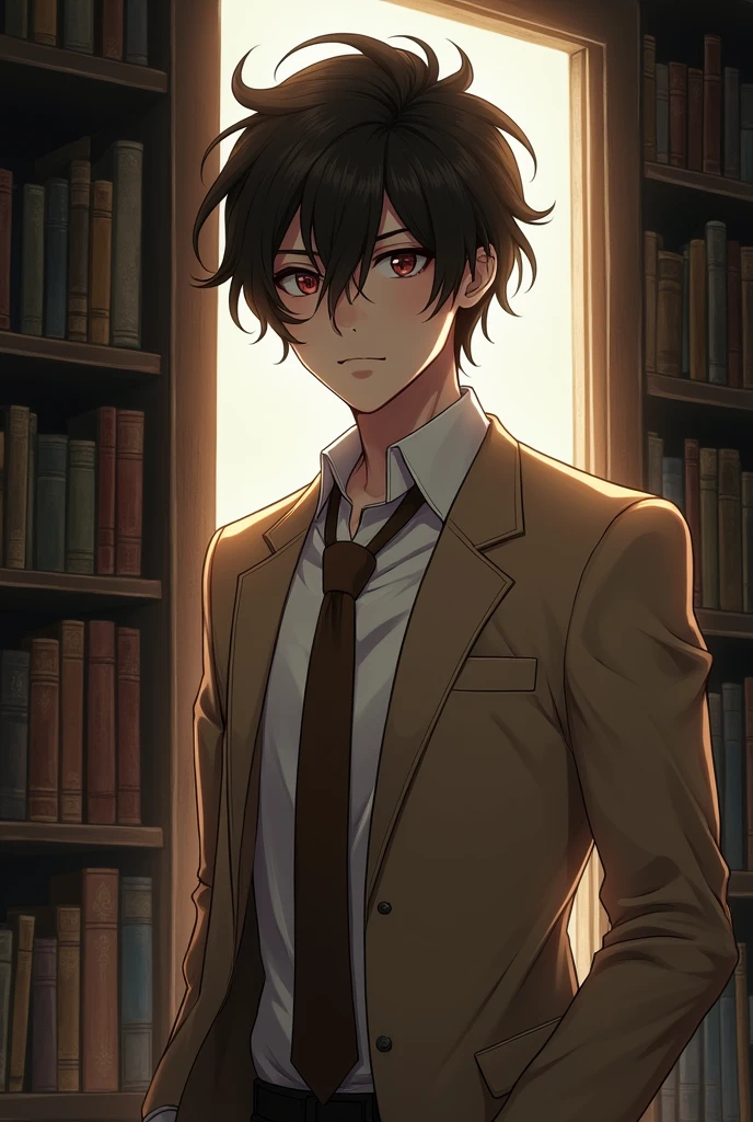 masterpiece, best quality, wallpaper, A young man with striking, tousled hair stands in a dimly lit room, wearing a beige blazer, white shirt, and brown tie. He has a confident yet enigmatic expression, partially illuminated by light coming from an open door behind him. A bookshelf filled with books looms in the background, adding to the atmosphere of mystery. depth of field, anime coloring, , light_yagami, , , science fantasy,