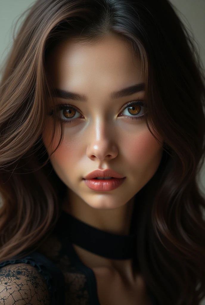 woman with big brown eyes, thick eyebrows, long eyelashes, thick lips, brown hair and a fine nose. with an aura of mystery