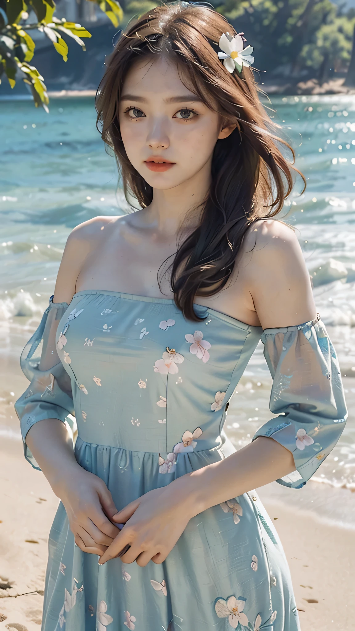 mdnn, (sharp focus:1.2), portrait, attractive young woman, (beautiful face:1.1), detailed eyes, luscious lips, (eye makeup:1.2), (tight body:1.2), wearing (flowery dress:1.2) at (the beach:1.2). (morning sun lighting:1.2), depth of field, bokeh, 4K, HDR. by (James C. Christensen:1.2|Jeremy Lipking:1.1).