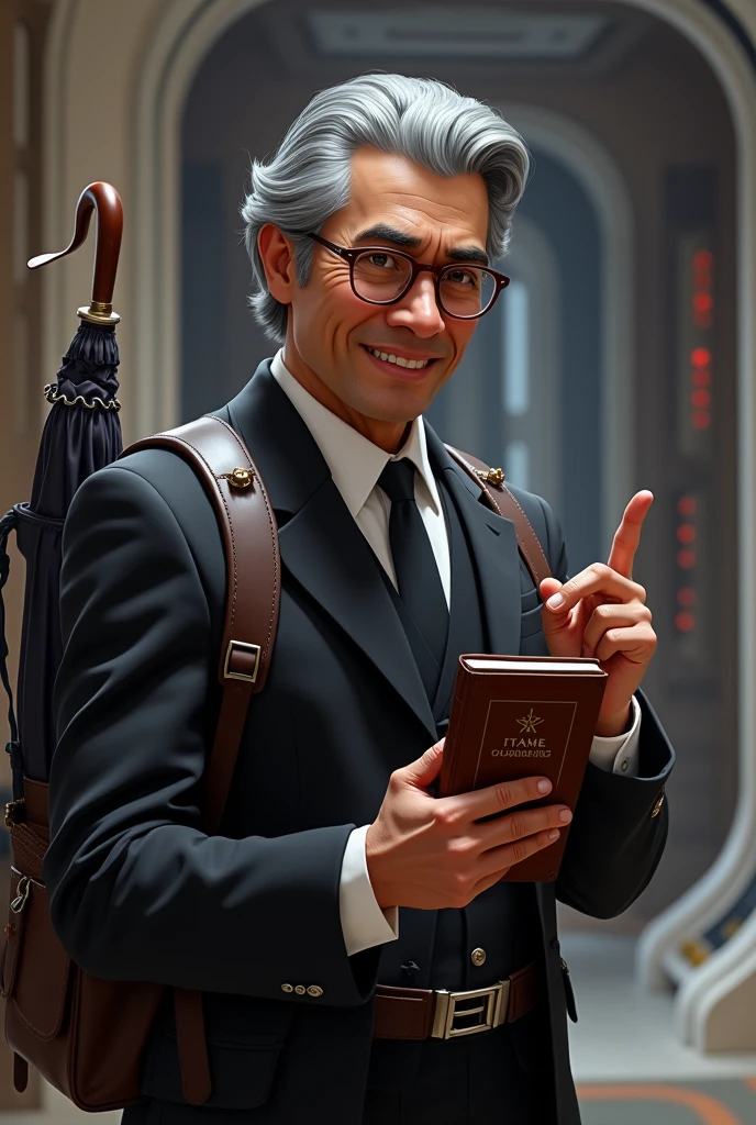 Create a Star Wars style image of a 63-year-old Latino man,elongated face,brown skin, using reading glasses, gray curly hair, Side-parted hairstyle and formal dress, holding a bible in his left hand and pointing at the bible with his index finger of his right hand, smiling placidly, He doesn&#39;t have a beard or a moustache and looks clean shaven., In the book it should only say BIBLE,without images, He carries a backpack and an umbrella hanging from the same backpack 