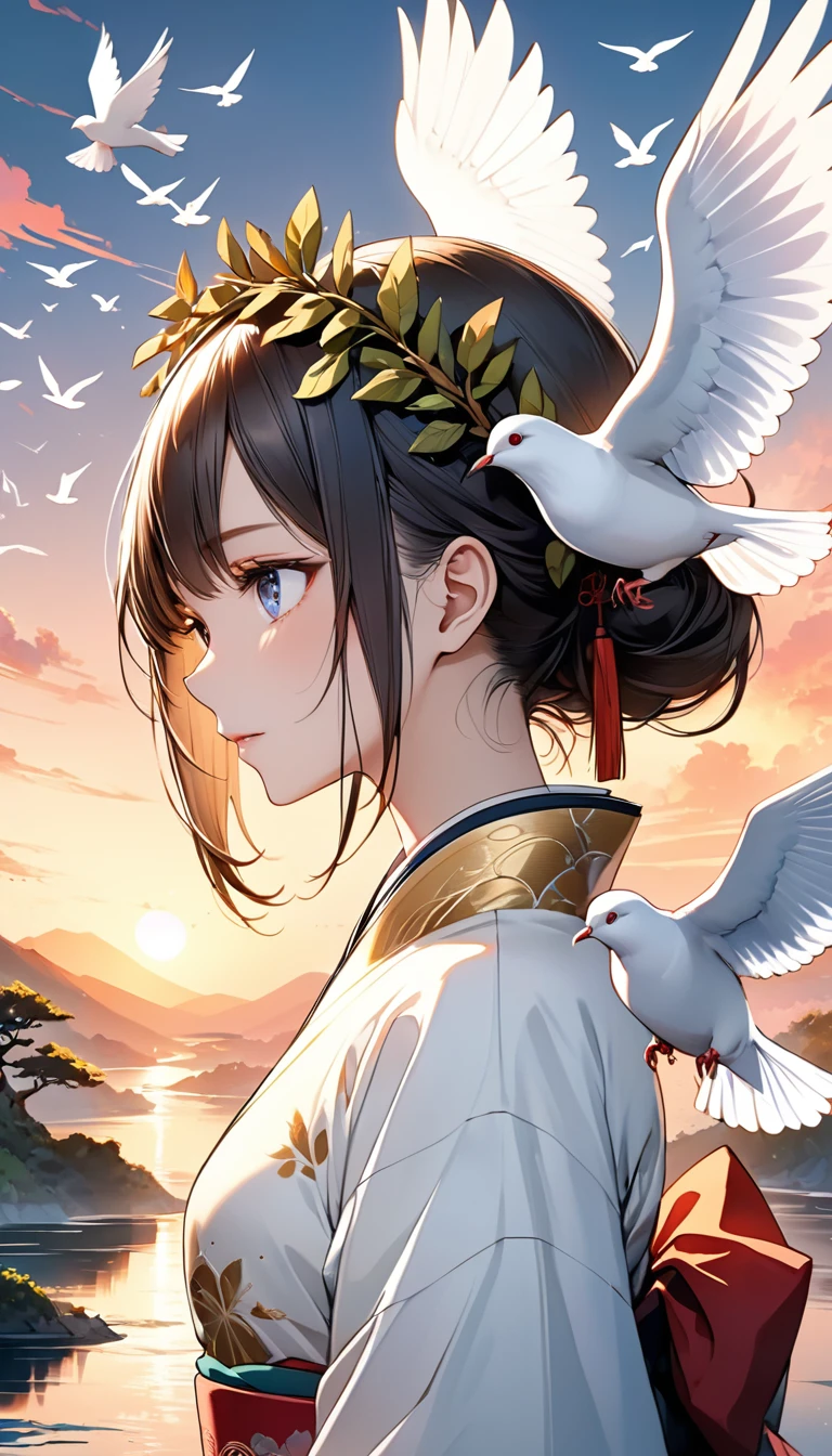 An exquisite illustration of a woman in white and gold dress, laurel wreath on her head, beautiful doves flying out from her heart, hands stretching to the sky, beautiful sunset, water color soft cloud, scenery, profile shot, (best quality, masterpiece, ultra-detailed, illustration), (8K wallpaper), (beautiful detailed eyes), beautiful, amazing, detailed eyes, (detailed skin) Highly detailed face and hair, anime, beautiful, best resolution, perfect face and body, intricate details, detailed face, style of Fu Baoshi, AY12K, delicate and precise linework, soft and muted color, traditional Japanese dress, traditional China dress traditional Chinese armor, detailed background,