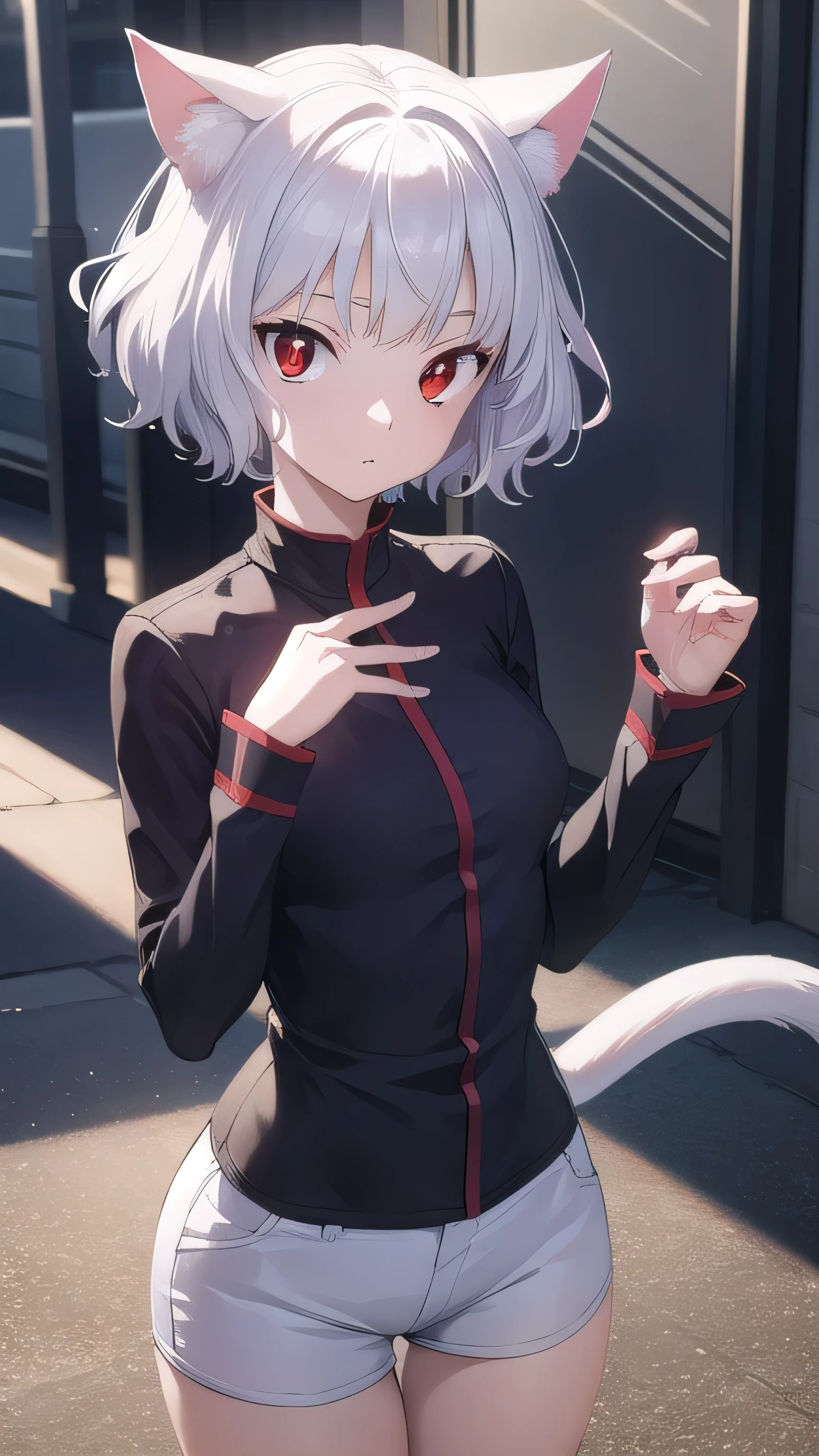 neferpitou, neferpitou, short hair, (red eyes:1.5), long sleeves, animal ears, white hair, shorts, cat ears, cat tail, curly hair, BREAK looking at viewer, BREAK outside, BREAK (masterpiece:1.2), best quality, high resolution, unity 8k wallpaper, (illustration:0.8), (beautiful detailed eyes:1.6), extremely detailed face, perfect lighting, extremely detailed CG, (perfect hands, perfect anatomy), sexy post