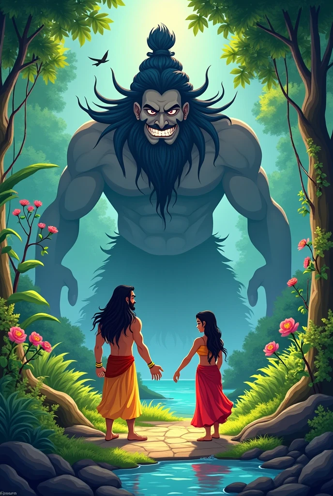 Scene 3: Life in the Forest and Sita's Abduction
* Rama and Sita's simple life in Chitrakuta and Panchavati.
* Ravana, the demon king of Lanka, sees Sita and desires her.
* Ravana's deception and abduction of Sita. Make it cartoon but they are adult