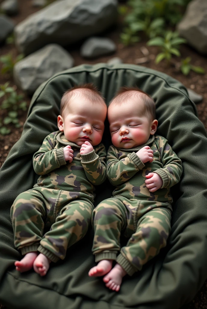 Two camouflaged newborns dressed in wilderness sleep on military beds in a realistic full body pose.