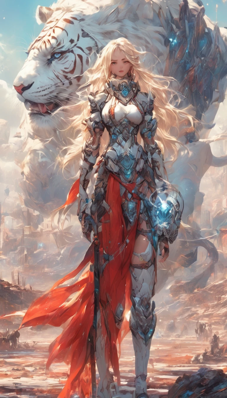 a beautiful futuristic warrior woman standing next to a white tiger, walking across a desolate landscape with the ruins of ancient cities, spaceships, and various abandoned buildings and vehicles. The sky is red, and the earth is also dyed red. Surrealism. The world is made of heaven and earth. The world is made of light and darkness. There is hope for the future. A happy and warm future. Feel a wonderful future. In the silence, feel the swell of a new world. Captivating natural beauty, sparkling star fragments, an atmosphere of exciting adventure. A happy and enjoyable atmosphere. High fantasy worldview, beautifully depicted with wonderful composition and proportions, rainbow-colored light and silver mist guardian nebulae, corrosive enveloping light family colors, a slimy atmosphere, wonderful composition, grand scale, long hair, looking towards the viewer, high resolution, blonde hair, large breasts, earrings, blue eyes, closed mouth, sparkling effects