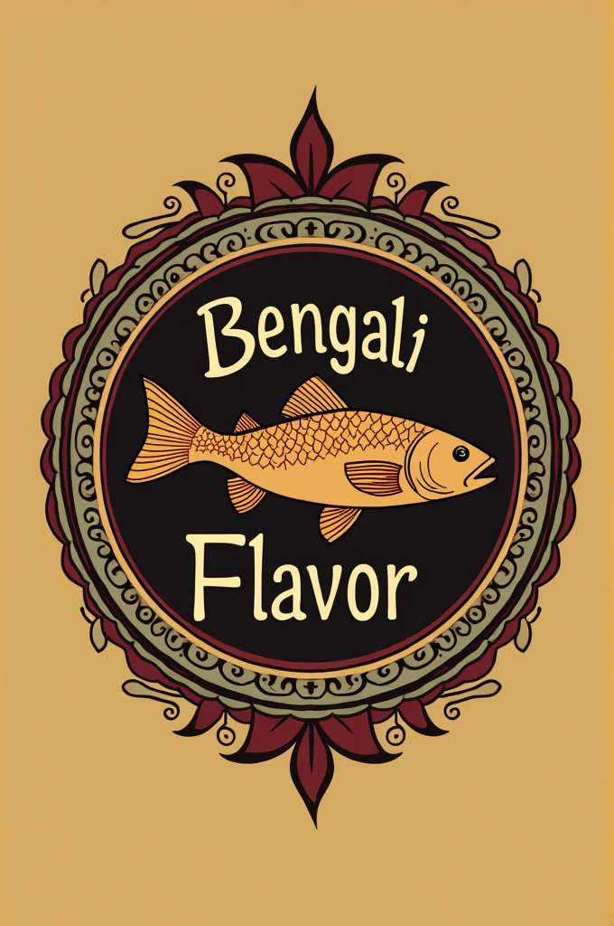 Create a logo featuring a traditional Bengali motif with a rich, earthy color palette like deep reds, golds, and greens. Incorporate elements like a fish (symbolizing Bengali culture), traditional utensils, or a lotus flower. The text "Bengali Flavor" should be in an elegant font, with "Flavor" written in a slightly modern, stylish script