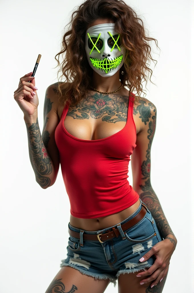 White skin woman , white background, tight and short red tank top with low neckline, shorts jeans curto,big ass and mega big breasts,with tattoo all over the body,attractive body, greeneyes, brown curly hair ,don't smile ,mafia look, holding a joint , body of coast, Green fluorescent Lan mask that covers the entire face except the mouth and eyes