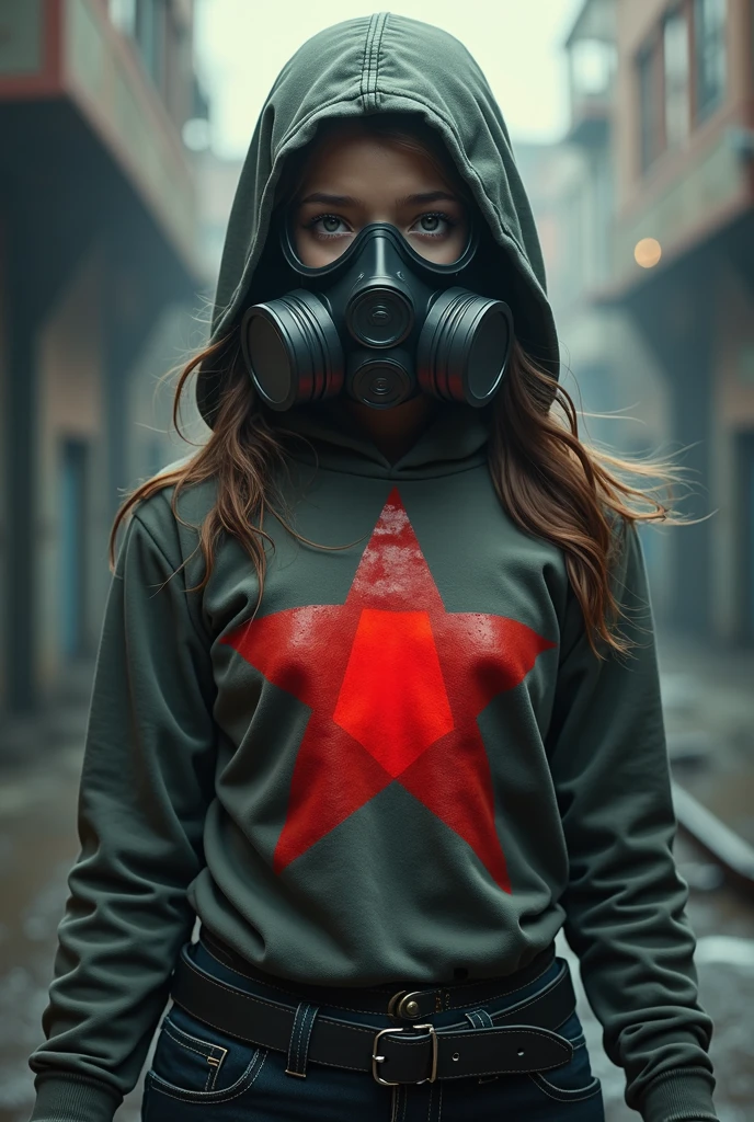 hero girl, red glue, star on chest, gas mask