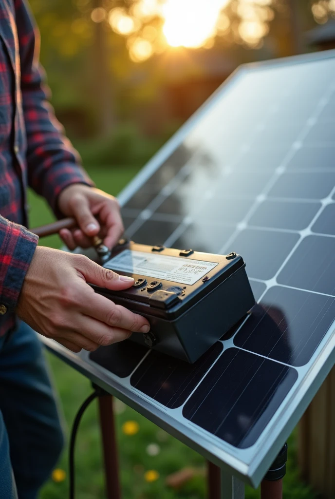 person disconnecting batteries from a solar panel