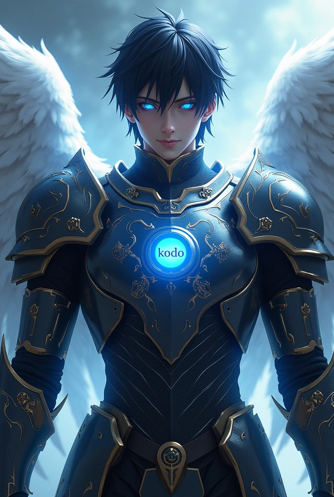 a steely glaze of a male black shorthaired battle angel in armor with blue glowing and glittering eyes,  Engraved on his armor "Kodo", white angelwings, 